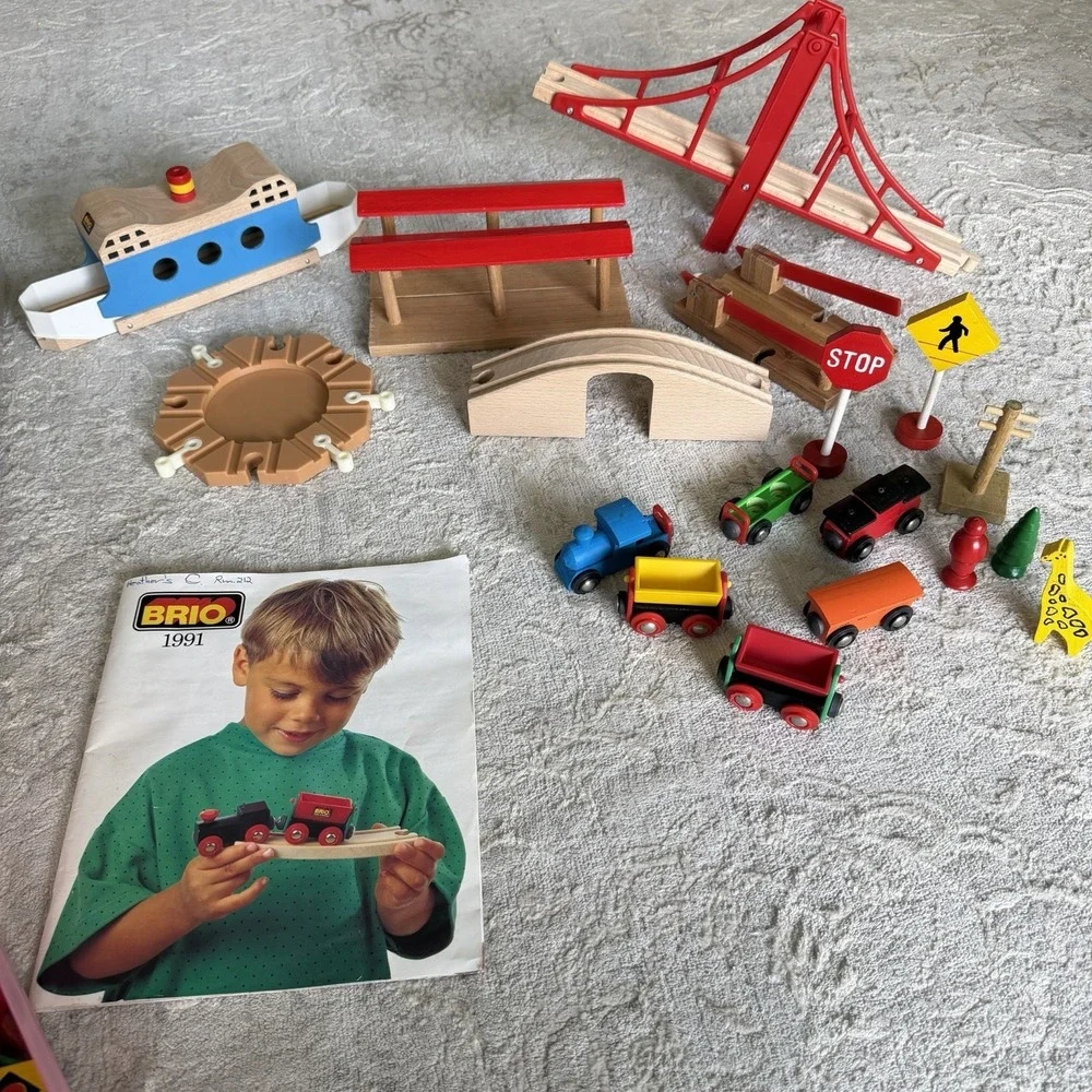 Vtg 1991 BRIO Wooden Train Set 100+pc Lot w/Crane Bridge Track Buildings Cars